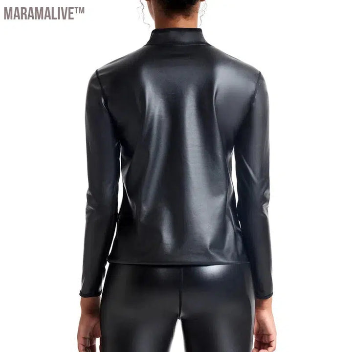 Women Stand collar Leather Long Sleeves Shirt Motorcycle Biker tops Body Shaper Waist Trainer Slim Tshirt Fashion Shapewear tops