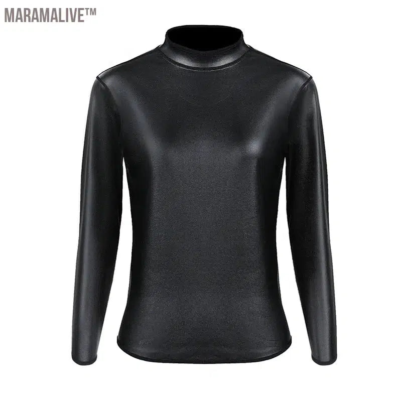 Women Stand collar Leather Long Sleeves Shirt Motorcycle Biker tops Body Shaper Waist Trainer Slim Tshirt Fashion Shapewear tops