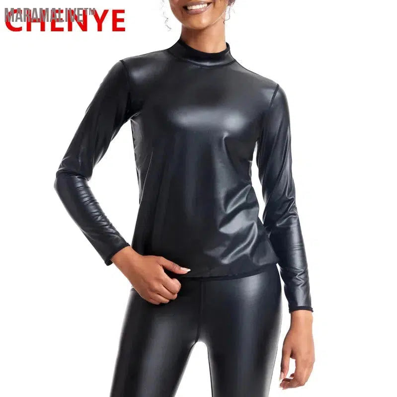 Women Stand collar Leather Long Sleeves Shirt Motorcycle Biker tops Body Shaper Waist Trainer Slim Tshirt Fashion Shapewear tops