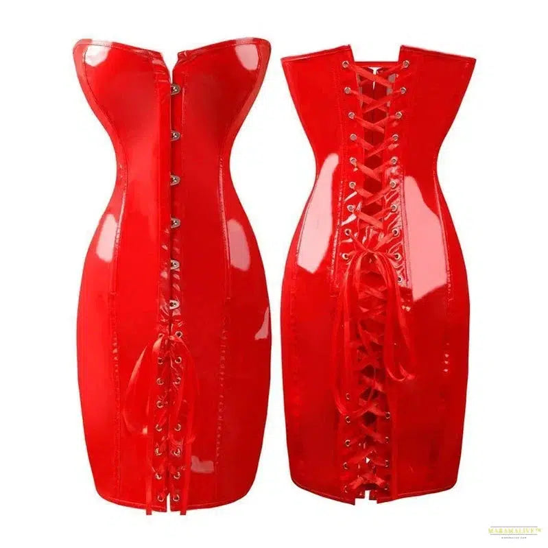 Women Steampunk PVC Corset Dress PU Leather Overbust Bustier Waist Tranier Nightclub Strapless Bodycon Dress