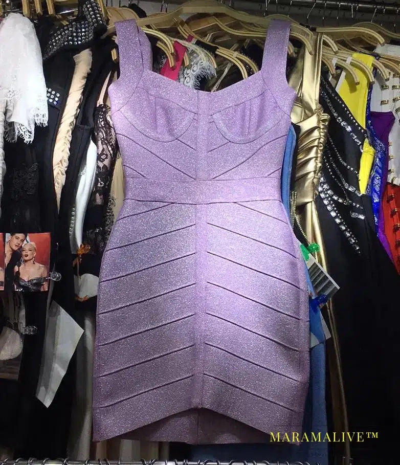 Women Summer Sexy Fashion Bling Purple Pink Glitter Bandage Dress Elegant Designer Mini Party Evening Sparkly Club Dress Vestido