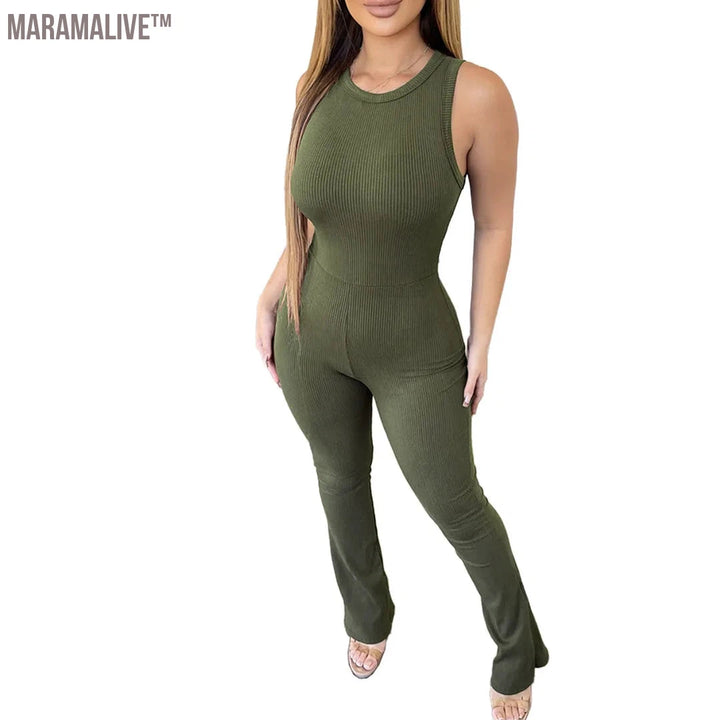 Women Summer Sleeveless Rib Jumpsuits Ladies Sportswear Yoga Fitness Slim Fit Bodycon Flared Jumpsuit