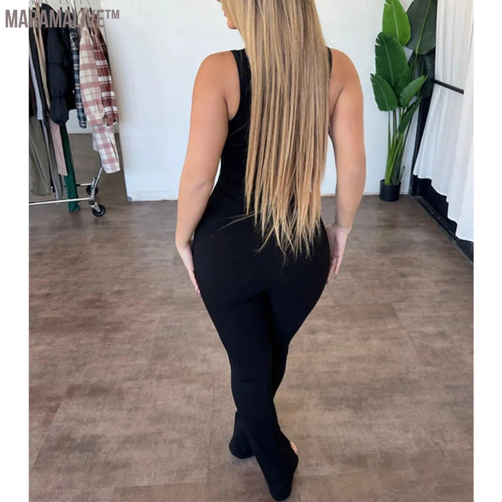 Women Summer Sleeveless Rib Jumpsuits Ladies Sportswear Yoga Fitness Slim Fit Bodycon Flared Jumpsuit