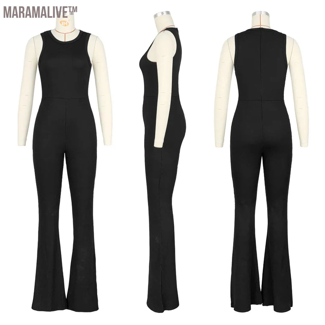 Women Summer Sleeveless Rib Jumpsuits Ladies Sportswear Yoga Fitness Slim Fit Bodycon Flared Jumpsuit