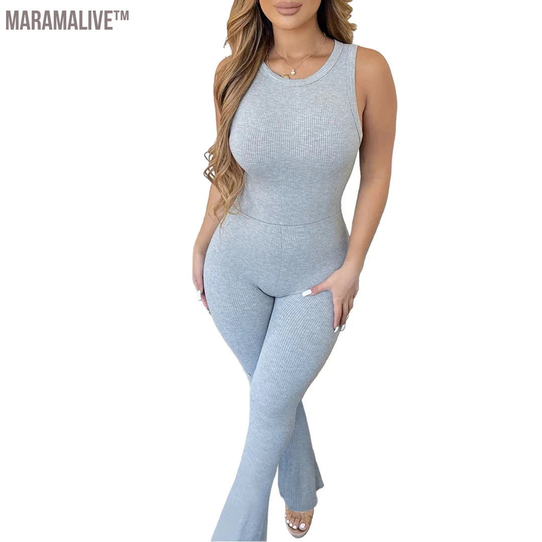 Women Summer Sleeveless Rib Jumpsuits Ladies Sportswear Yoga Fitness Slim Fit Bodycon Flared Jumpsuit