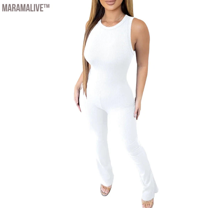 Women Summer Sleeveless Rib Jumpsuits Ladies Sportswear Yoga Fitness Slim Fit Bodycon Flared Jumpsuit