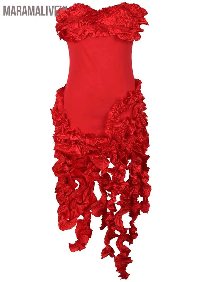 Women Summer Strapless Ruffles Tassel Dress Girls Glamour Red Flower Irregular Party Dress Celebrities Outfits Clubwear