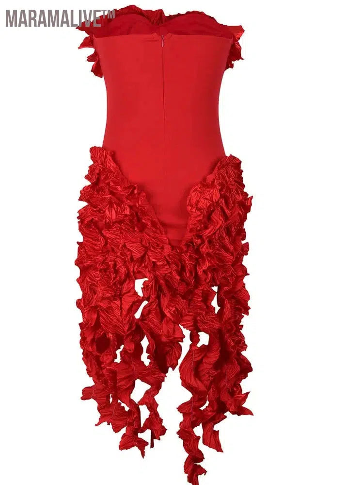 Women Summer Strapless Ruffles Tassel Dress Girls Glamour Red Flower Irregular Party Dress Celebrities Outfits Clubwear