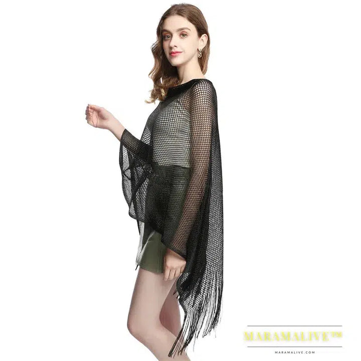 Women Sun Protection Shawl Lady Hollow Out Summer Poncho Holiday Bikini Blouse Breathable Beach Cape Tassel Solid Color Cloak