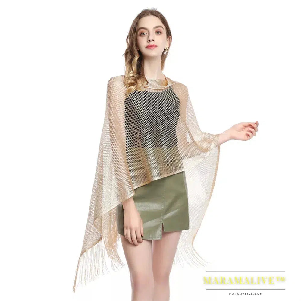 Women Sun Protection Shawl Lady Hollow Out Summer Poncho Holiday Bikini Blouse Breathable Beach Cape Tassel Solid Color Cloak