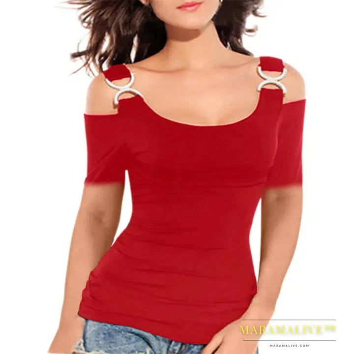 Women T-shirt Solid Off Shoulder Tops Metal Buckle Strap Summer Short Sleeve Sexy Tops Female Tees Solid Tshirt 2024