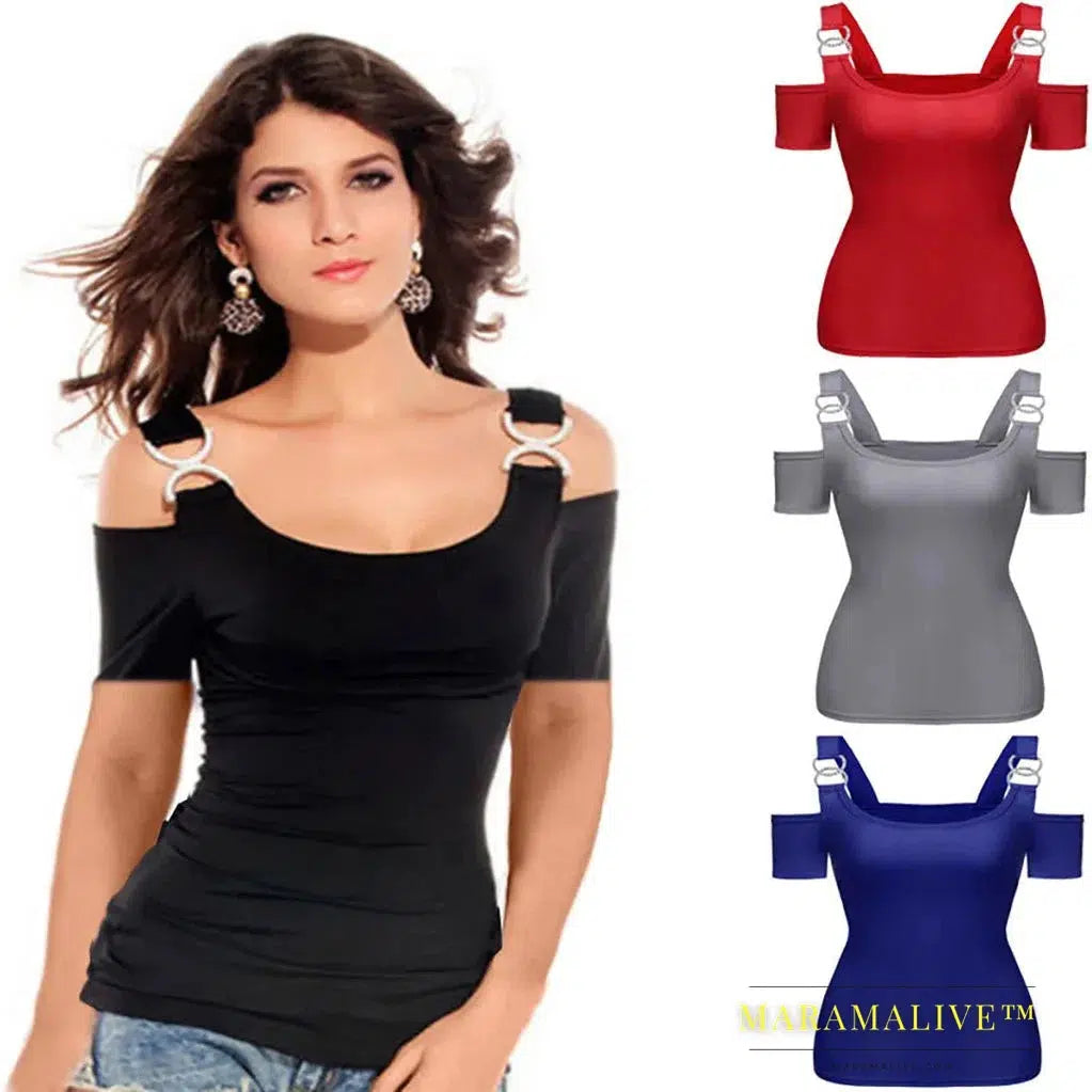 Women T-shirt Solid Off Shoulder Tops Metal Buckle Strap Summer Short Sleeve Sexy Tops Female Tees Solid Tshirt 2024