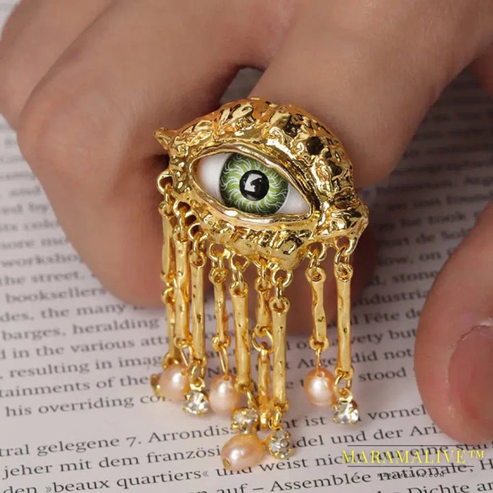 Women Vintage Eyes of Demon Ring Exaggerated Trendy Style Imitated Pearl Girls Devil's Eye Delicate Tassels Rings Jewelry Deluxe