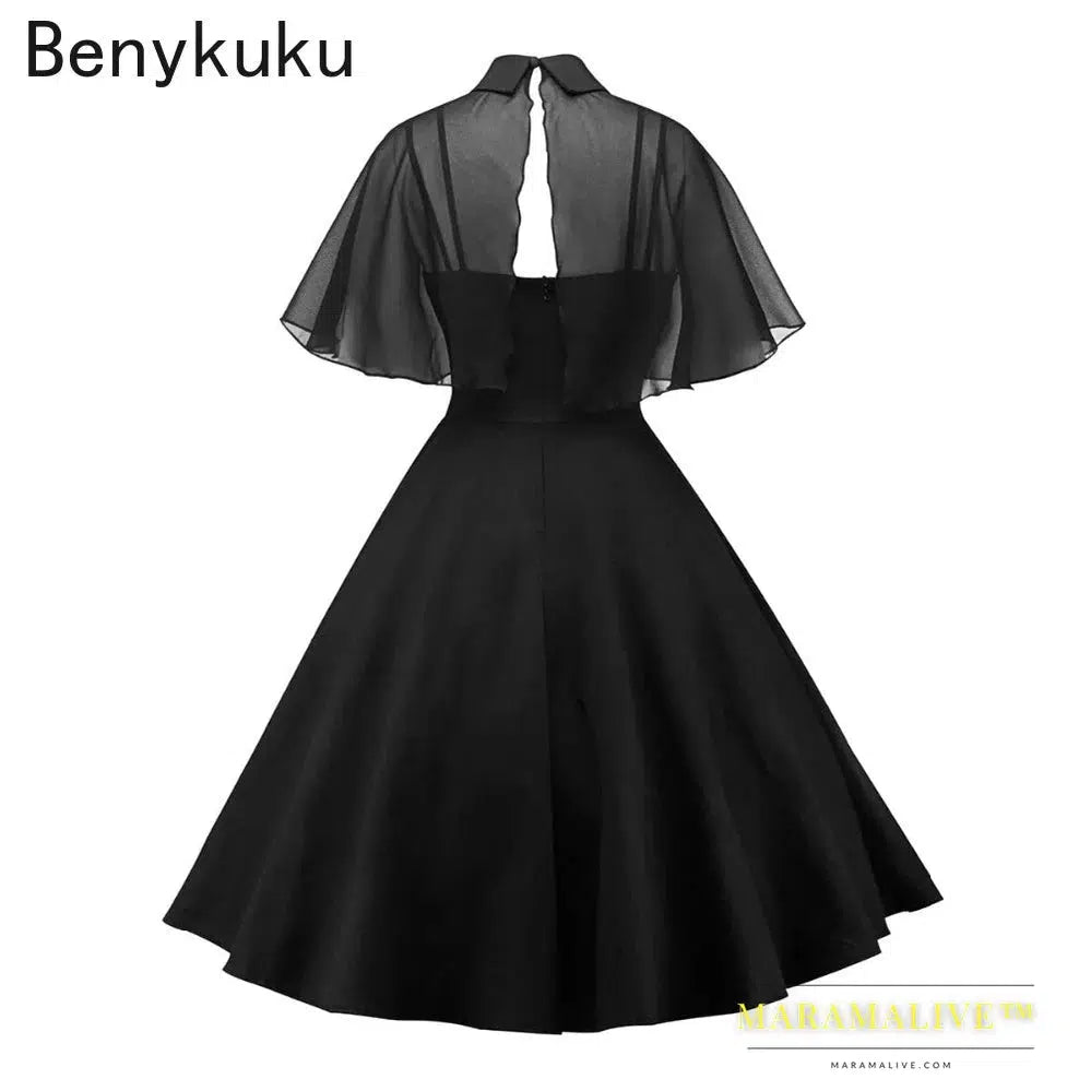 Women Vintage Gothic Cape Black Dress 2024 Autumn Two Piece Mesh Cloak Sleeves Peter Pan Collar Elegant Retro Goth Party Dresses