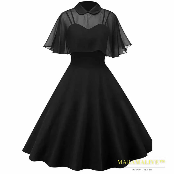 Women Vintage Gothic Cape Black Dress 2024 Autumn Two Piece Mesh Cloak Sleeves Peter Pan Collar Elegant Retro Goth Party Dresses