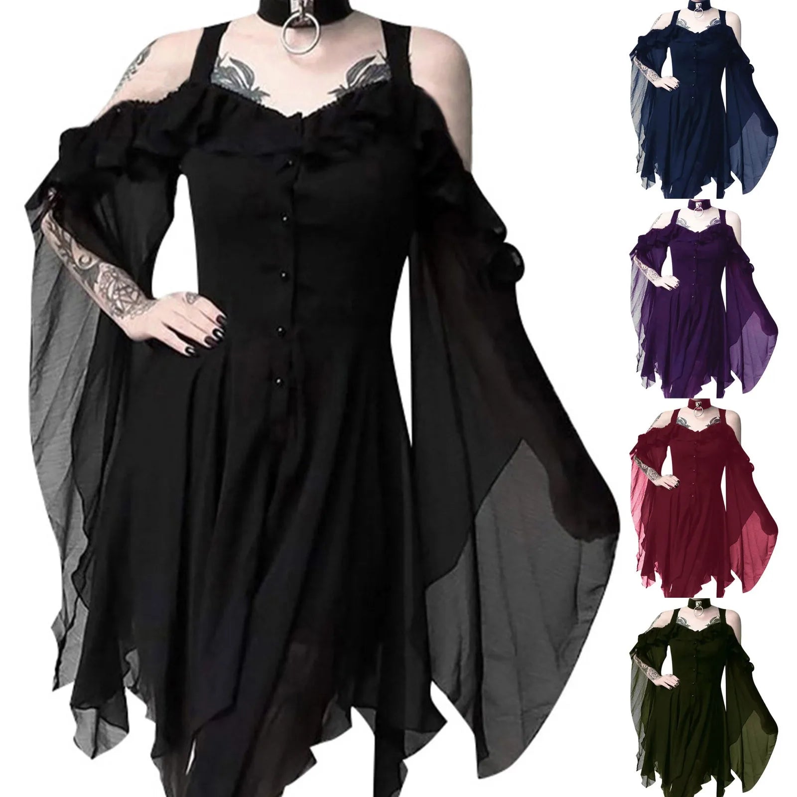 Women'S Dress Plus Size Fashion Dew Shoulder Gothic Ruffled Sling Dress Irregular Dress Evening Dress Loose Women Summer Dress