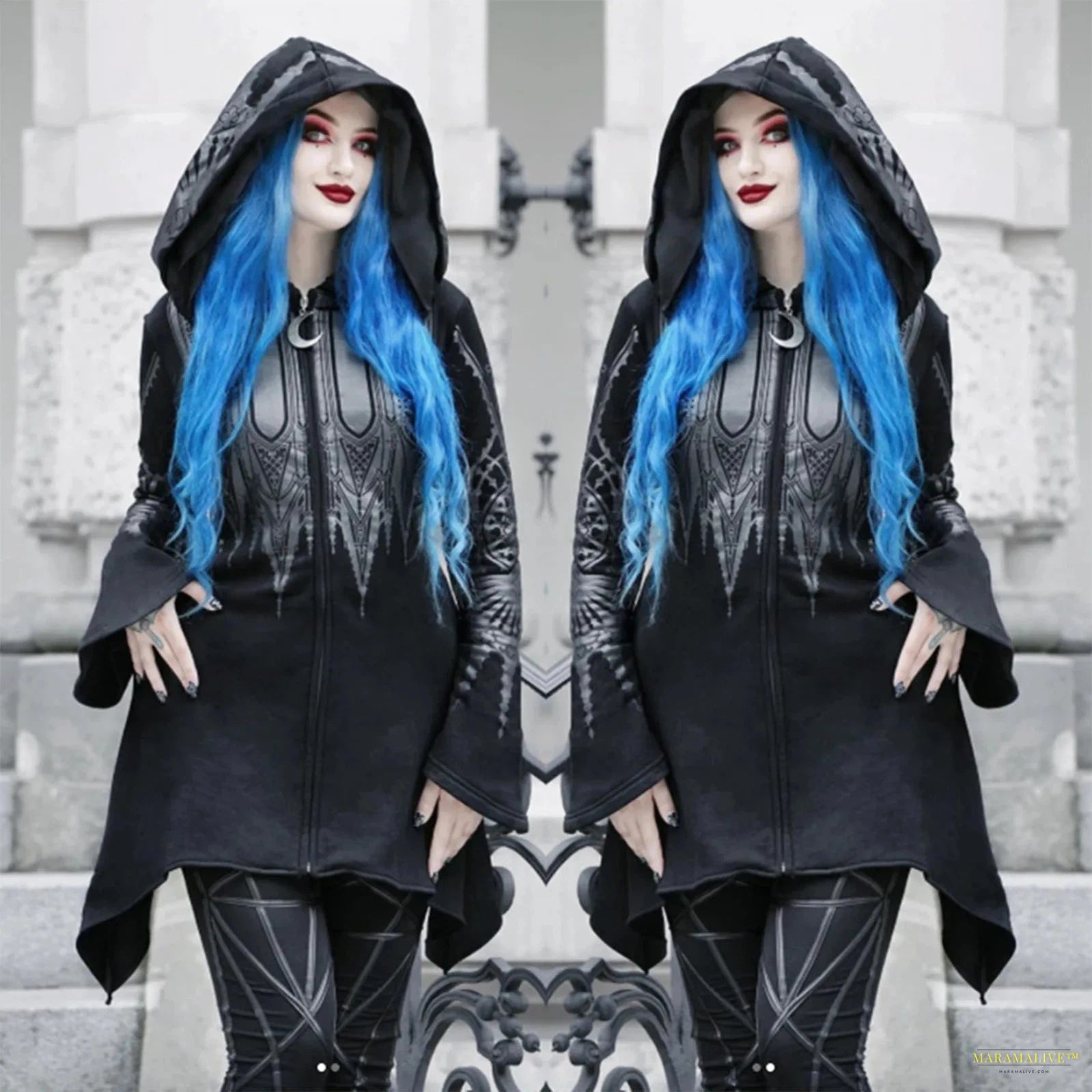 Women'S Gothic Hoodie Jacket Coat Street Goth Punk Style Black Long Hooded Harajuku Sweatshirts Oversized Zip-Up Y2k Outwear Top