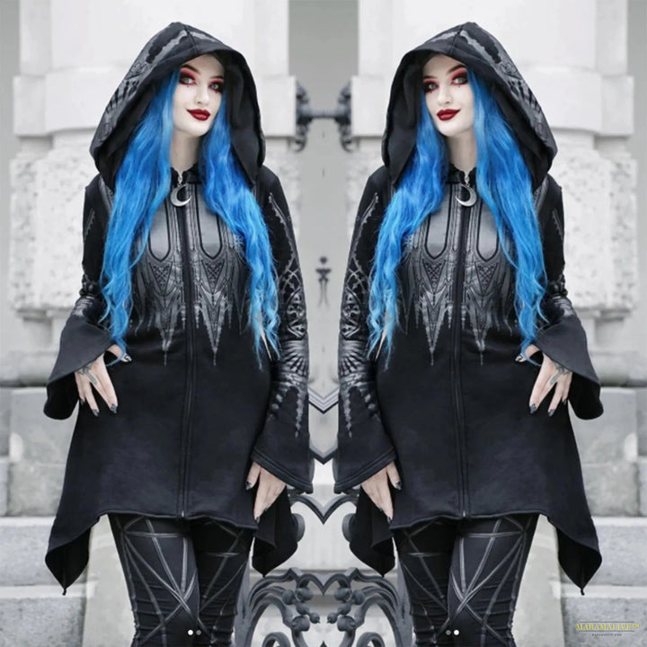 Women'S Gothic Hoodie Jacket Coat Street Goth Punk Style Black Long Hooded Harajuku Sweatshirts Oversized Zip-Up Y2k Outwear Top