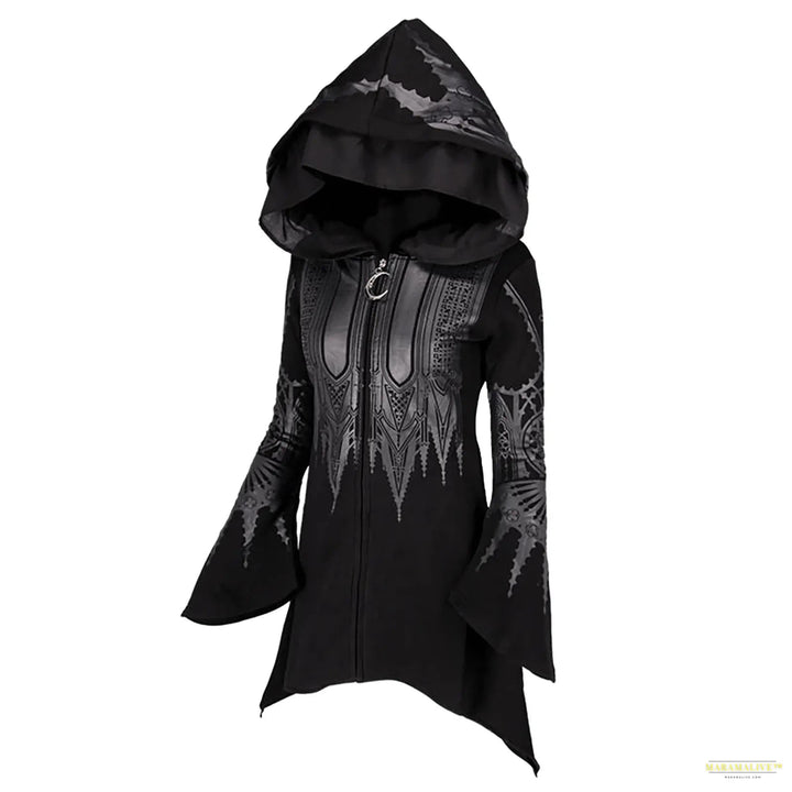 Women'S Gothic Hoodie Jacket Coat Street Goth Punk Style Black Long Hooded Harajuku Sweatshirts Oversized Zip-Up Y2k Outwear Top