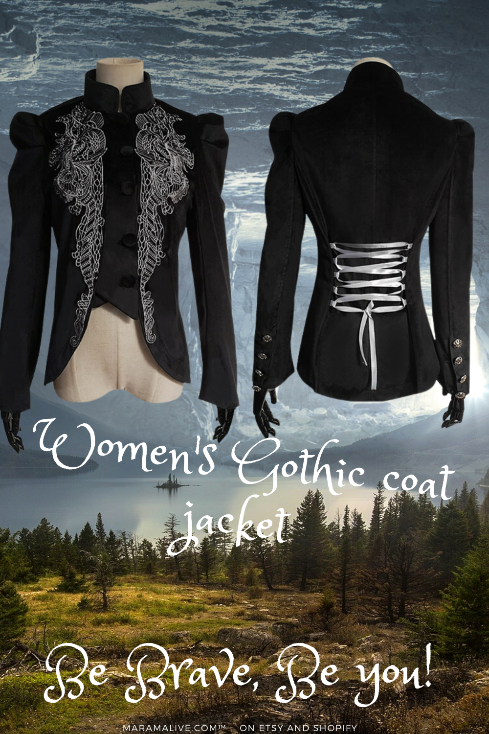 A black Women's Gothic coat jacket with lace and a Maramalive™ mannequin.