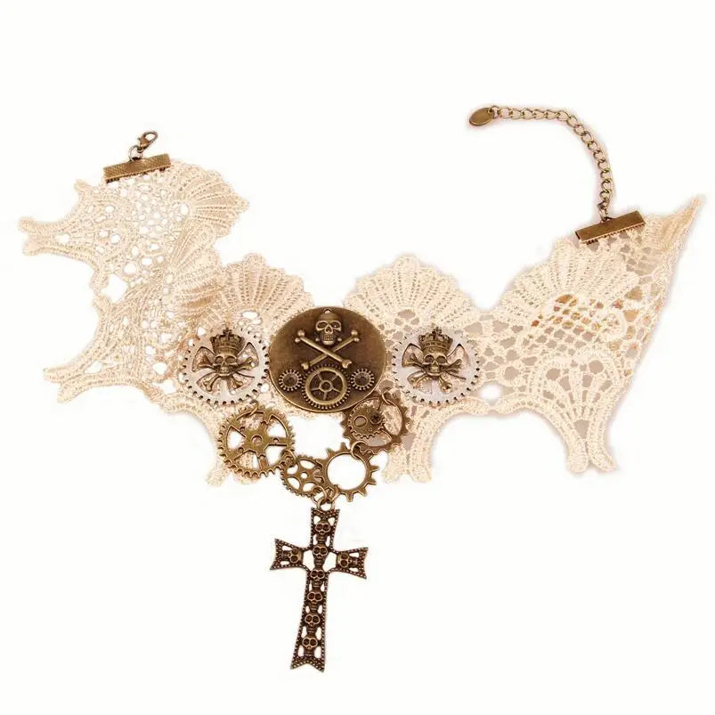 Women`s Beige Lace with Vintage Gears and Skull Steampunk Lace Choker Collar Necklace Jewelry