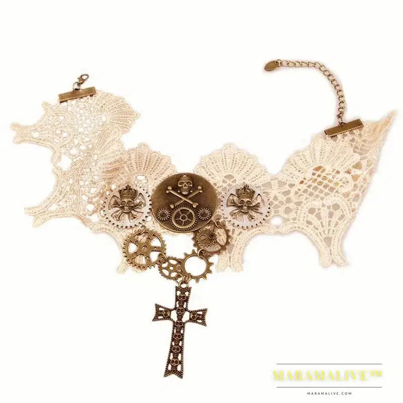 Women`s Beige Lace with Vintage Gears and Skull Steampunk Lace Choker Collar Necklace Jewelry