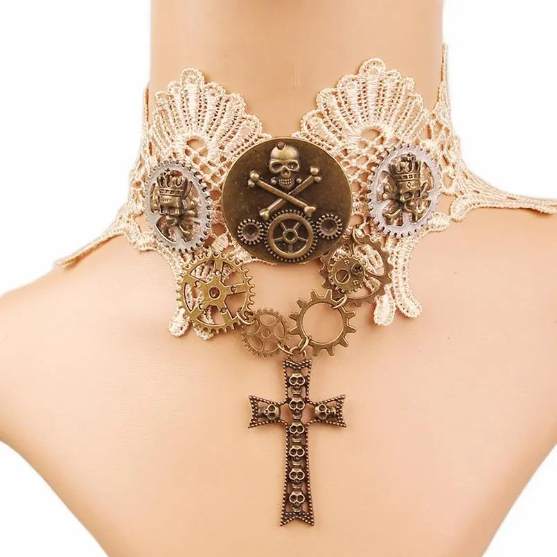 Women`s Beige Lace with Vintage Gears and Skull Steampunk Lace Choker Collar Necklace Jewelry