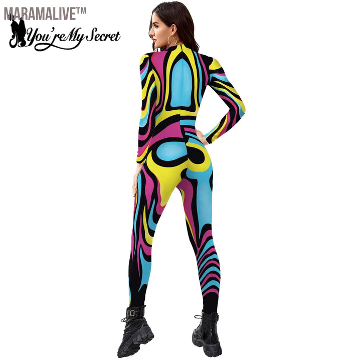 Women's Catsuit Fashion Funny Halloween Cosplay Costumes 3D Skeleton Muscle Print Zentai Bodysuit Jumpsuits