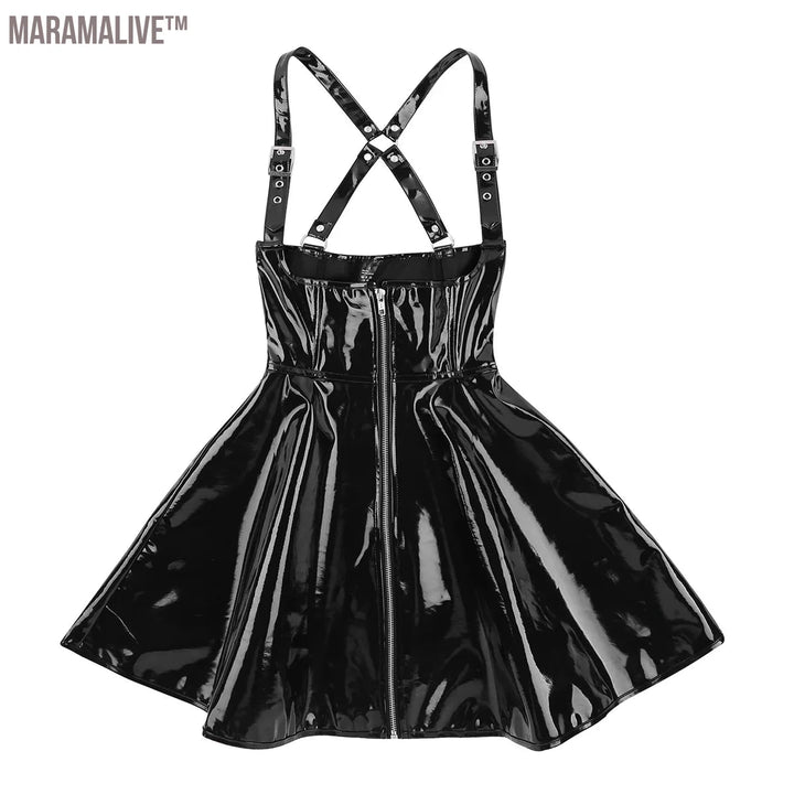 Womens Clubwear Female Sexy Fashion Costumes Show Wetlook Patent Leather Front Zippered X-back Vintage Club Party Corset Dress