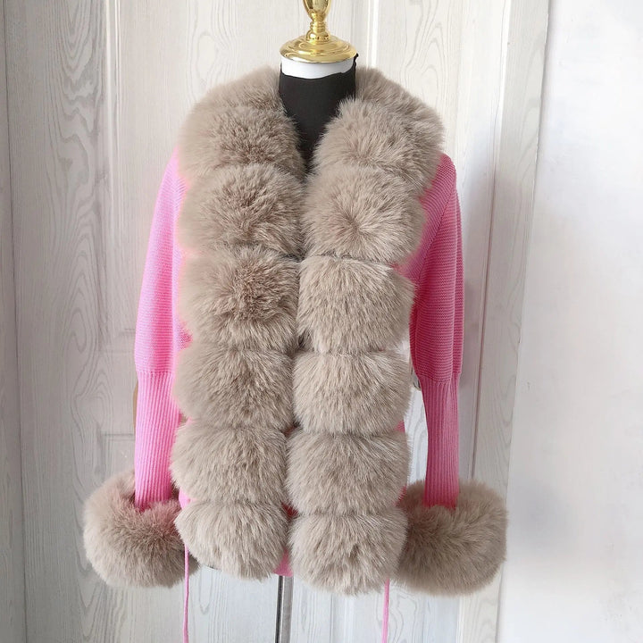 Women's Cropped Sweater Cardigan Spring Autumn Hot Sale Faux Fur Knit Sweater Cardigan with Faux Fox Fur Fur Collar Ladies Coat