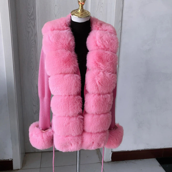 Women's Cropped Sweater Cardigan Spring Autumn Hot Sale Faux Fur Knit Sweater Cardigan with Faux Fox Fur Fur Collar Ladies Coat