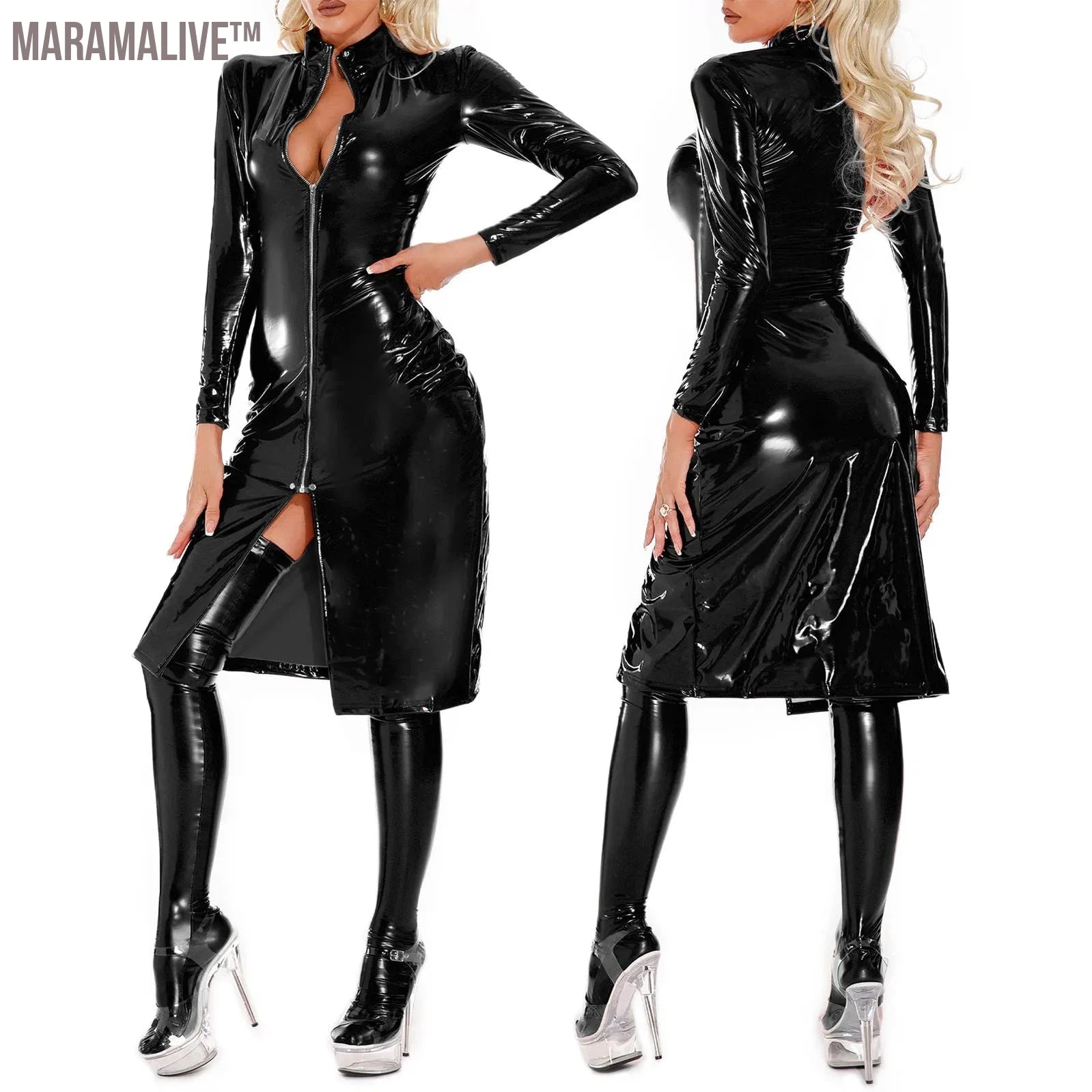 Womens Cutout Front Zipper Patent Leather Latex Dress Knee Length Stand Collar Long Sleeve Bodycon Dresses Gothic Punk Clubwear