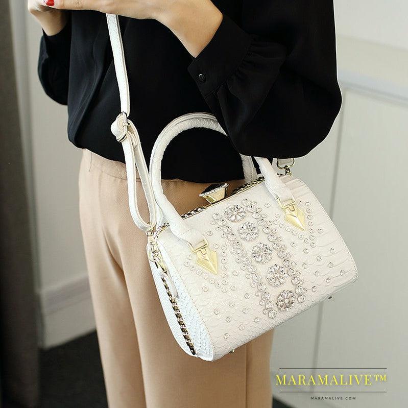 Women's Diamond-studded Single-shoulder Messenger Snake Print Lock Bag