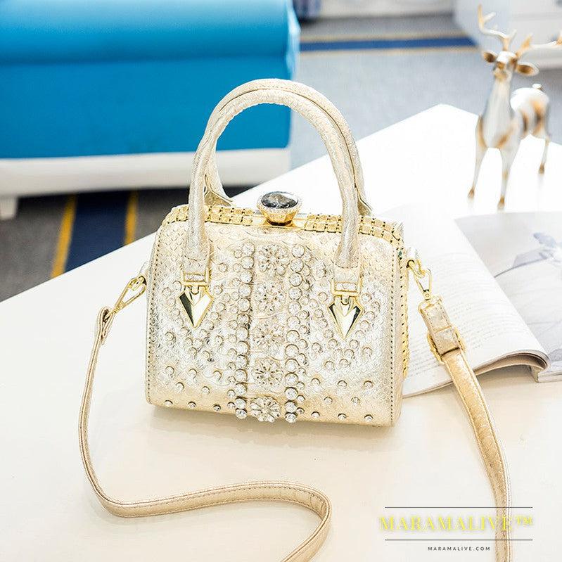 Women's Diamond-studded Single-shoulder Messenger Snake Print Lock Bag