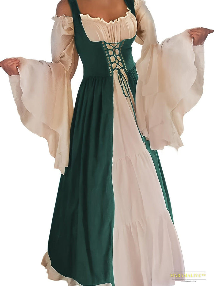 Women's Elegant Square Neck Corset Medieval Renaissance Cosplay Dress, Long Sleeve Ankle-length Gown With Lace-up Waist