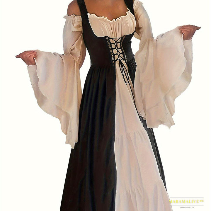 Women's Elegant Square Neck Corset Medieval Renaissance Cosplay Dress, Long Sleeve Ankle-length Gown With Lace-up Waist