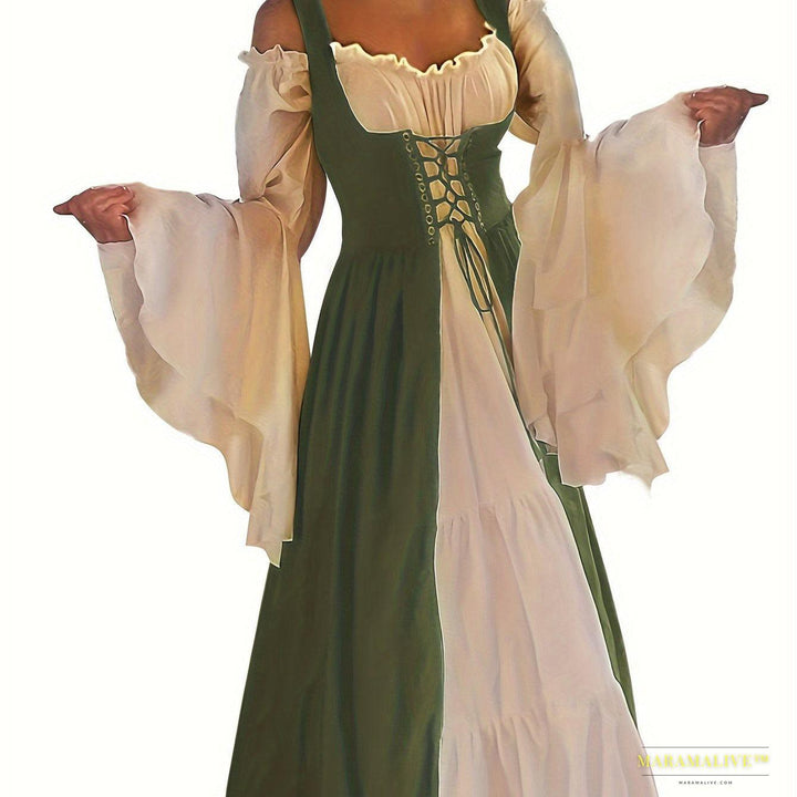 Women's Elegant Square Neck Corset Medieval Renaissance Cosplay Dress, Long Sleeve Ankle-length Gown With Lace-up Waist