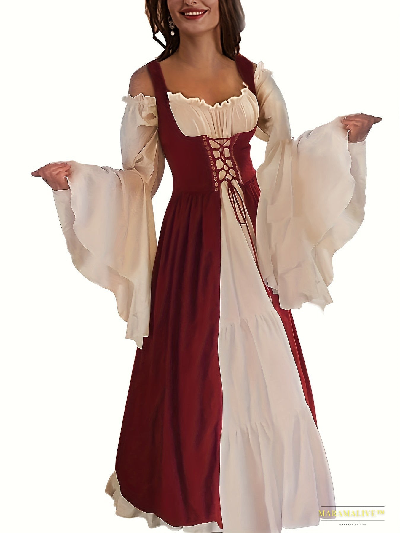 Women's Elegant Square Neck Corset Medieval Renaissance Cosplay Dress, Long Sleeve Ankle-length Gown With Lace-up Waist