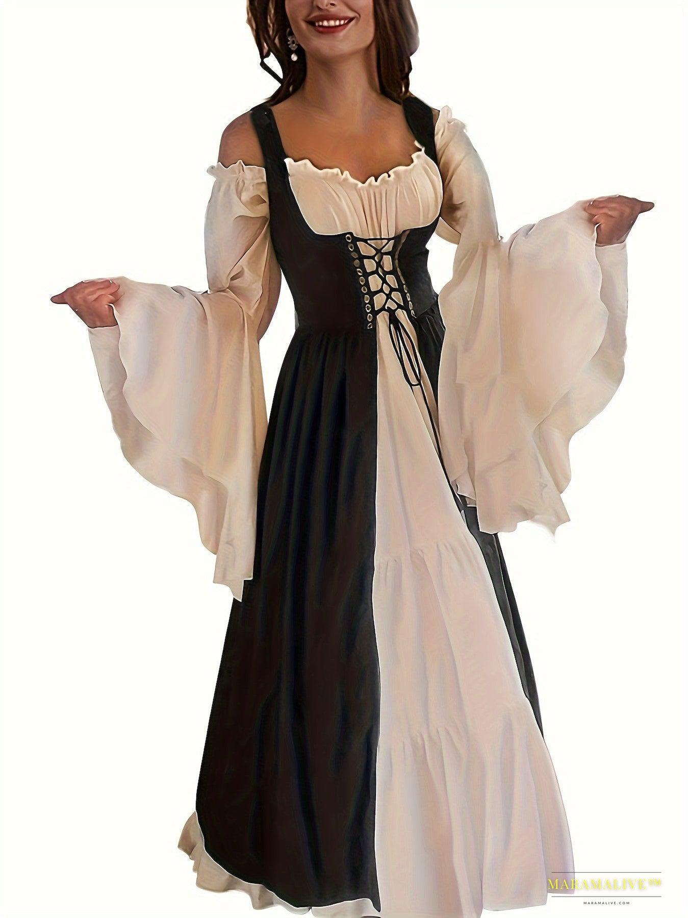 Women's Elegant Square Neck Corset Medieval Renaissance Cosplay Dress, Long Sleeve Ankle-length Gown With Lace-up Waist