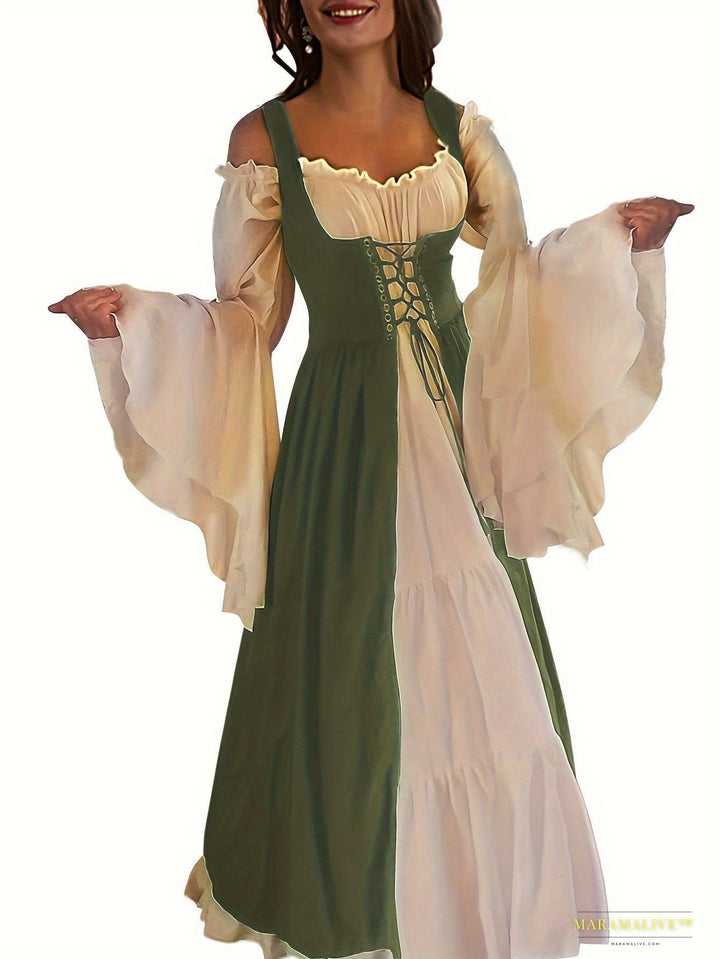 Women's Elegant Square Neck Corset Medieval Renaissance Cosplay Dress, Long Sleeve Ankle-length Gown With Lace-up Waist