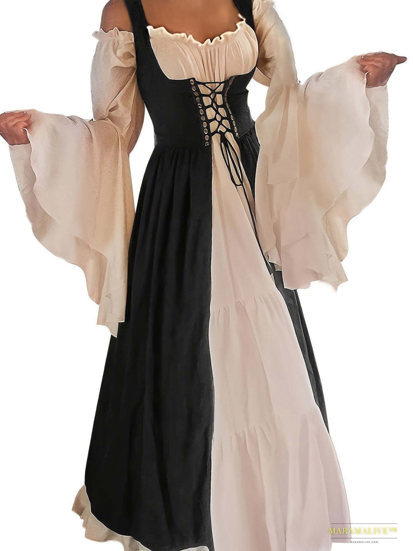 Women's Elegant Square Neck Corset Medieval Renaissance Cosplay Dress, Long Sleeve Ankle-length Gown With Lace-up Waist