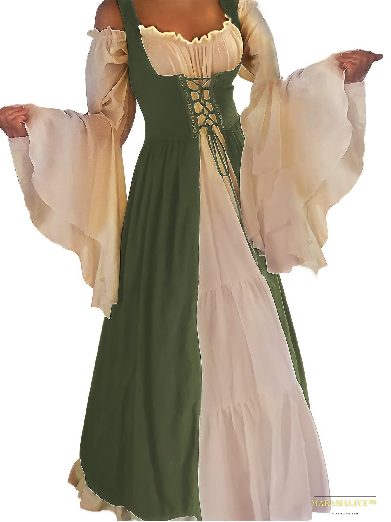 Women's Elegant Square Neck Corset Medieval Renaissance Cosplay Dress, Long Sleeve Ankle-length Gown With Lace-up Waist