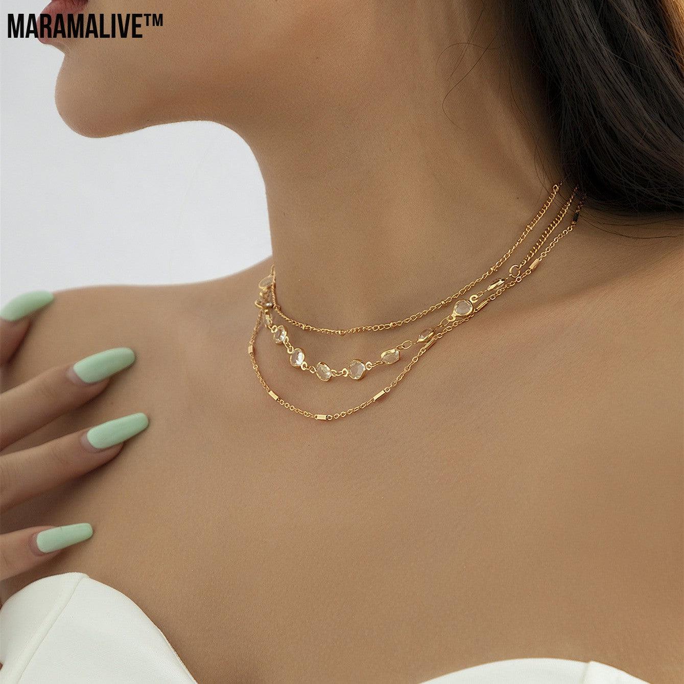 Women's Fashion All-match Simple Crystal Twin Clavicle Chain