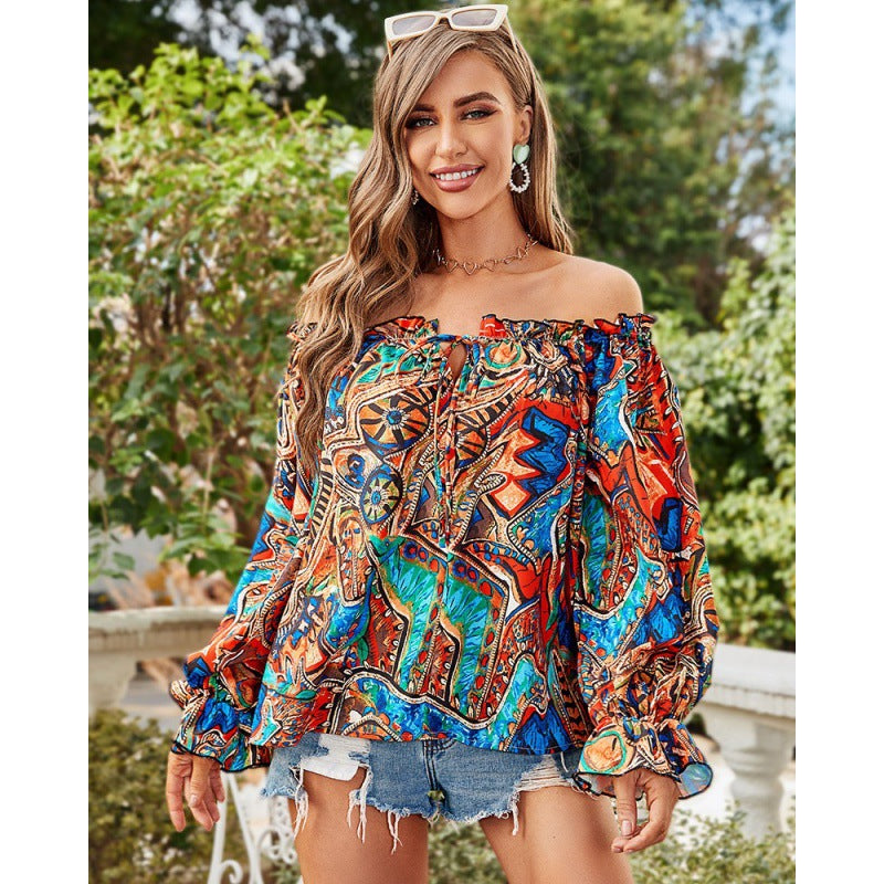 Women's Fashion Collar Strapless Long Sleeve Printed Shirt