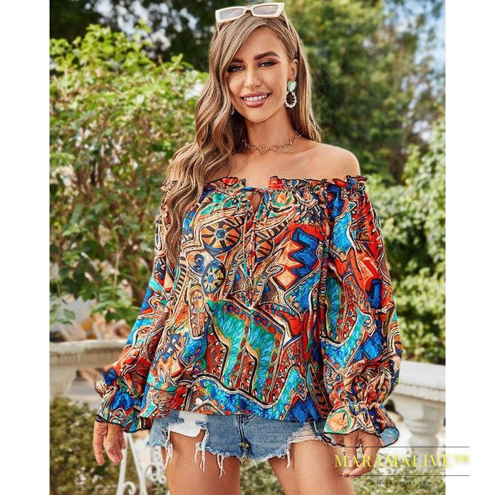 Women's Fashion Collar Strapless Long Sleeve Printed Shirt