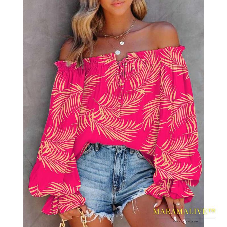 Women's Fashion Collar Strapless Long Sleeve Printed Shirt