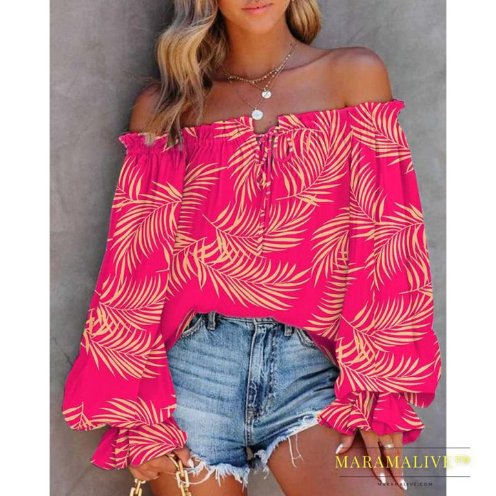 Women's Fashion Collar Strapless Long Sleeve Printed Shirt