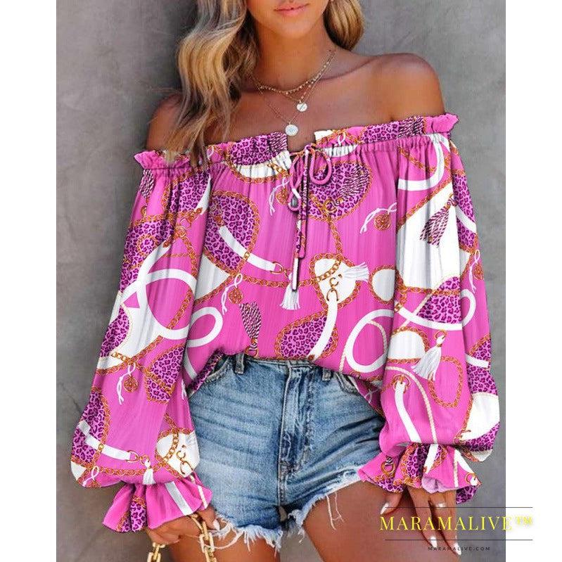 Women's Fashion Collar Strapless Long Sleeve Printed Shirt