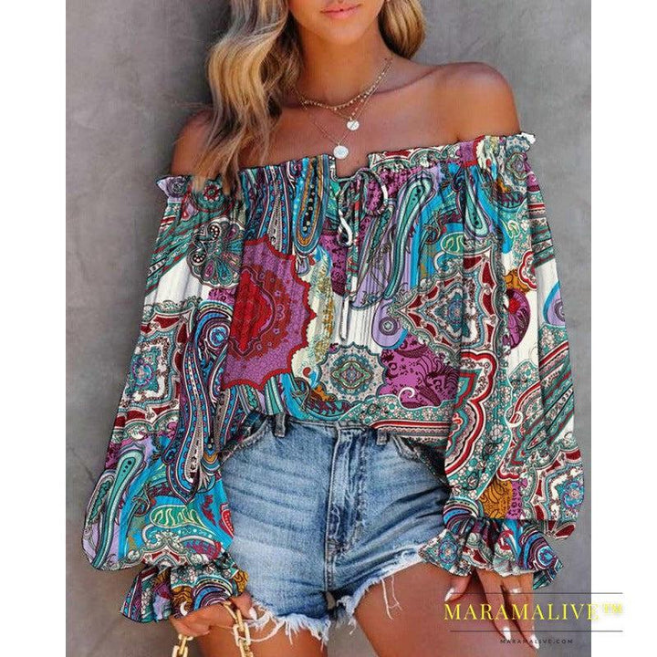 Women's Fashion Collar Strapless Long Sleeve Printed Shirt