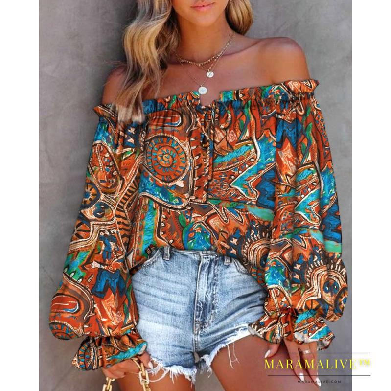 Women's Fashion Collar Strapless Long Sleeve Printed Shirt